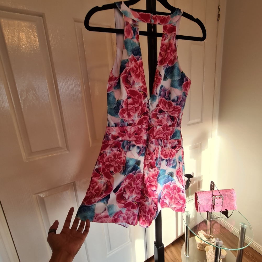 KNIGHT ANGEL 6 Pink Floral V Neck Sleeveless with Pockets Maxi Midi Romper Dress - Picture 9 of 16